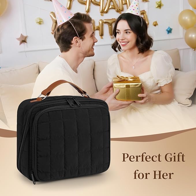 MOKURA Quilted Makeup Bag, Large Capacity Cosmetic Bag with Jewelry Organizer, Portable Make up Pouch, Waterproof Travel Toiletry Case with Compartments, Gifts for Women Girls, Black