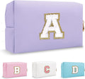 Personalized Initial Preppy Patch Makeup Bag, Small Cute Purple Cosmetic Zipper Pouch Makeup Organizer Travel Toiletry Organizer,Monogram Waterproof PU Chenille Letter Storage Bags for Women(Letter A)