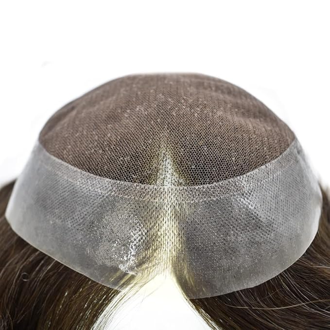 Mens Toupee Human Hair Piece French Lace Toupee for Man Hair System Indian Human Hair Replacement Systems V-Looped PU Front Hairpieces 8"X10" 2# DARKEST BROWN