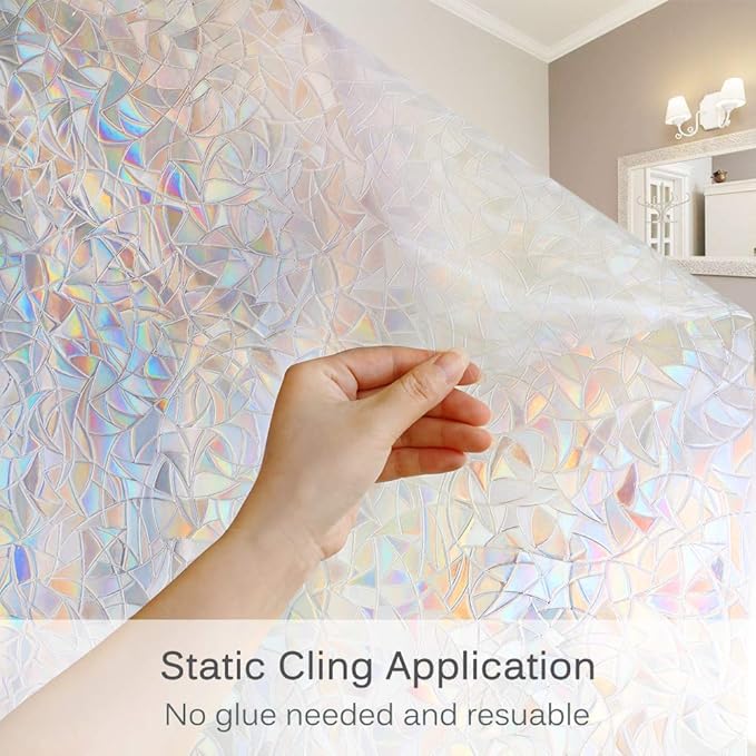 Volcanics Window Privacy Film with Installation Tools, Static Window Clings Vinyl 3D Decals Stickers Rainbow Window Film for Glass Door Home Heat Control Anti UV 29.5 x 157.4 Inches
