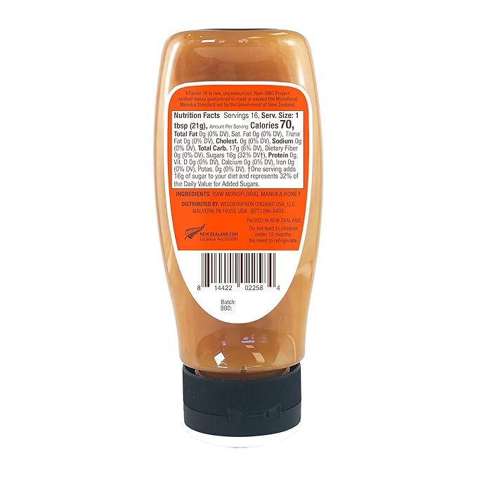 Wedderspoon Raw Manuka Honey, Unpasteurized, Genuine New Zealand Honey, Multi-Functional, Non-GMO Superfood, Convenient Squeeze Bottle, KFactor 16, 12 Ounce
