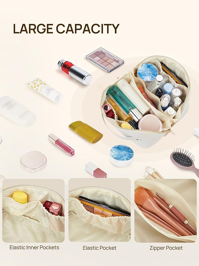 Telena Leather Make Up Bag Portable Travel Makeup Bag Waterproof Cosmetic Bags for Women Large Capacity With Handle and Divider Open Flat