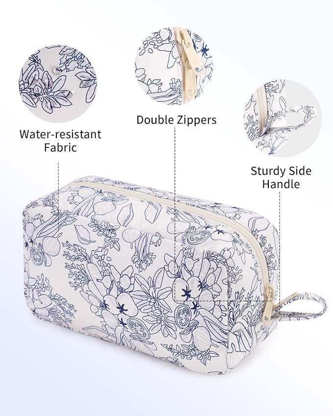 Narwey Cute Makeup Bag Small Toiletry Bag Travel Cosmetic Bag Organizer Make Up Bags with Organized Pockets for Women (Navy Blue Flower, Large)