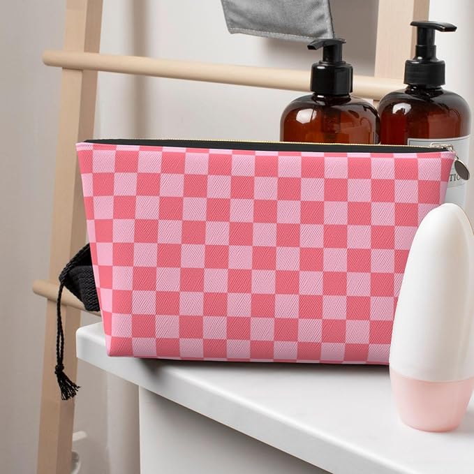 Womens Leather Makeup Bag Cosmetic Bag Travel Toiletry Bags Make Up Bags for Women Adult (Elegant Pink)
