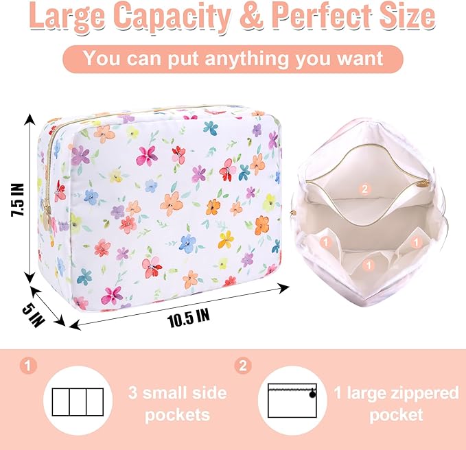 Nylon Large Floral Makeup Organizer Bag, Preppy Big Cute Flower Cosmetic Zipper Pouch Multi-compartment with Dividers, Waterproof Toiletry Makeup Brushes Bag Travel Essentials for Women(White-Flower)