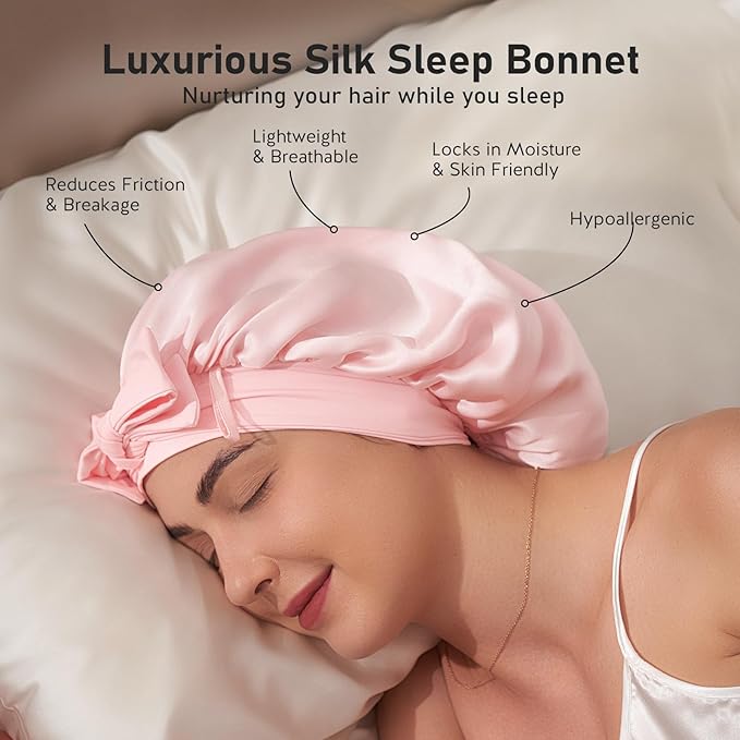 LitBear 100% Mulberry Silk Bonnet for Sleeping Women, 6A 22 Momme, Large Double-Layer Silk Hair Wrap with Tie Band, Non-Slip Turban, Includes Silk Scrunchie