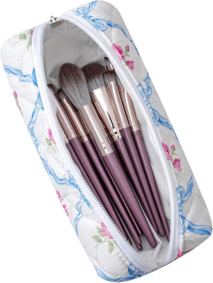 Cute Floral Cotton Makeup Brush Cosmetic Bag for Women, Travel Quilted Zipper Make Up Bag, Flowers Toiletry Organizer Case Kawaii Makeup Cosmetic Travel Cloth Pouch (Pink Bowknot+Blue Bowknot)