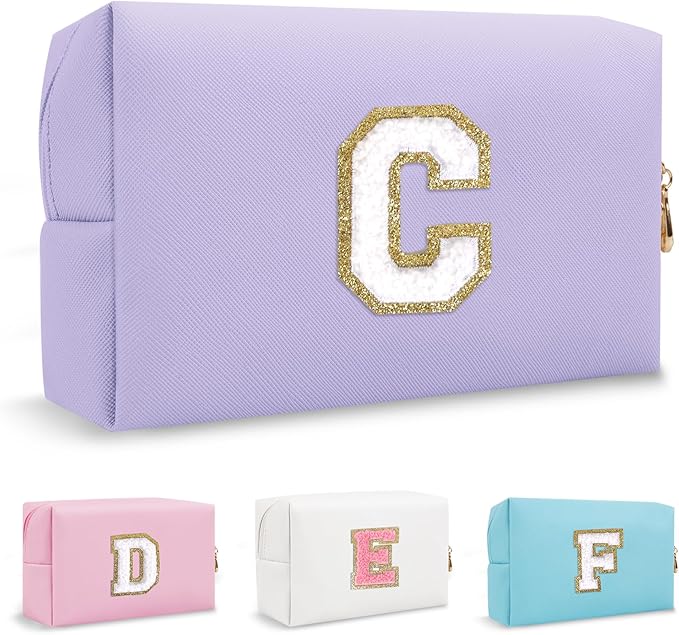 Personalized Initial Preppy Makeup Bag, Small Purple Cute Travel Toiletry Zipper Pouch Monogram Cosmetic Organizer,PU Waterproof Glitter Makeup Storage Case Gifts for Female Coworker Friends(Letter C)