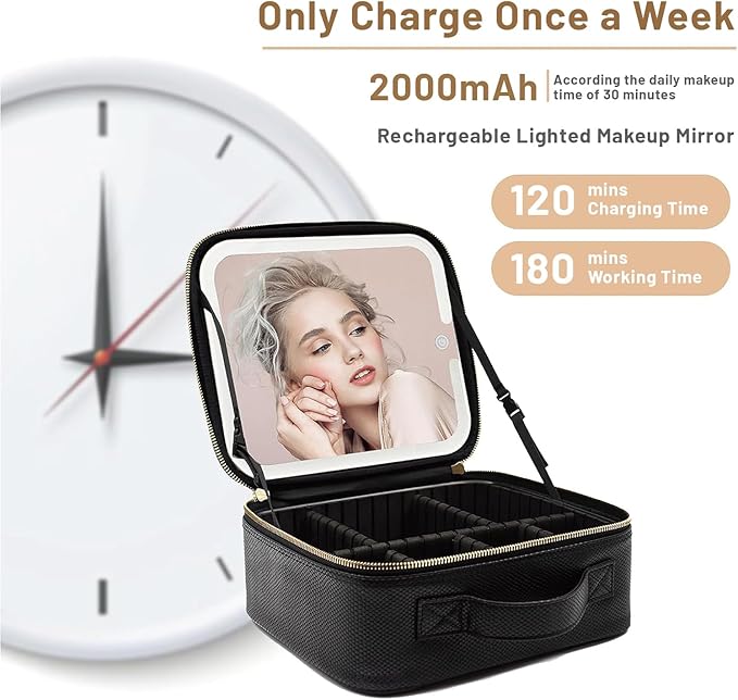 Travel Makeup Bag with LED Mirror – 3 Brightness Modes, Portable Lighted Makeup Case with Adjustable Dividers, Cosmetic Organizer Gift for Women (Black)