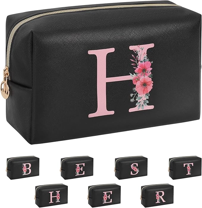 Personalized Initial Makeup Bag, Birthday Gifts for Women and Girls, Small Makeup Pouch Travel Toiletry Bag, Make Up Organizer Bag Gift Trendy Stuff for Friend Mom Teacher, Black