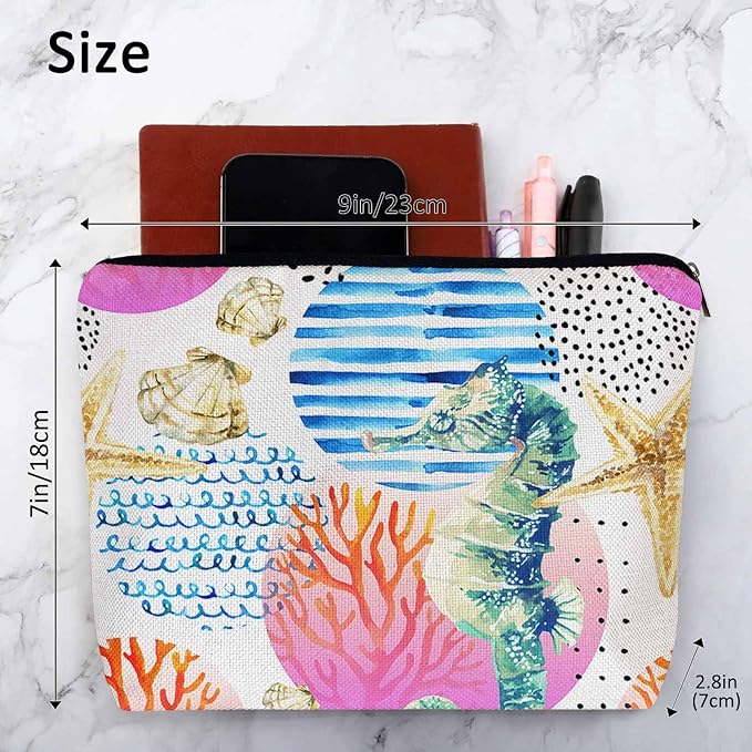 Makeup Bag Seahorse Makeup Bags For Purse Pouch, Sea Animal Coral Reef Seashell Seahorses Travel Toiletry Bag Cosmetic Bag Makeup Bags Flax Makeup Organizer Bag Pencil Pouch For Man Woman