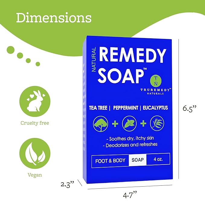 Truremedy Naturals Remedy Soap for Men, Women - Tea Tree Oil Bar includes Peppermint, Eucalyptus - for Foot, Body, All Skin Types - Pack of 5