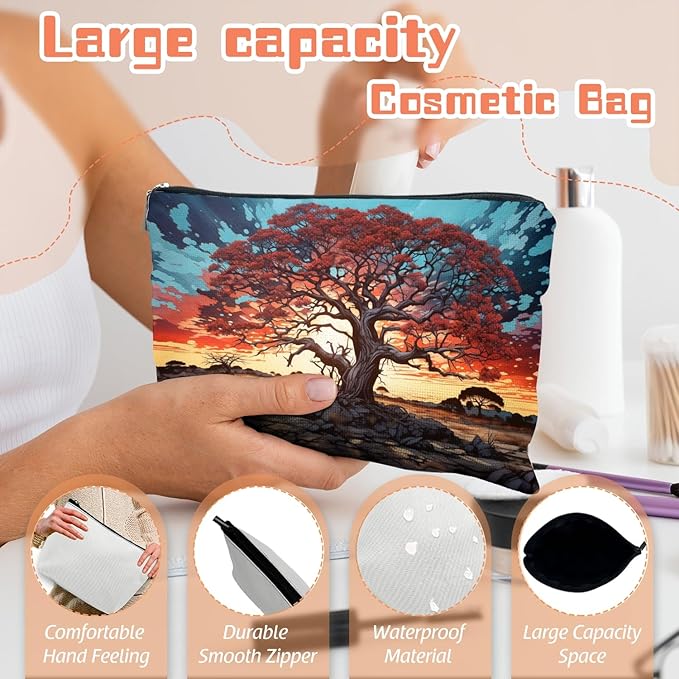 Makeup Bag Travel Cosmetic Bags Small Makeup Case Waterproof Zipper Pouch for Women Girls 7X9inches - Gigantic Red Tree Against A Colorful Sky