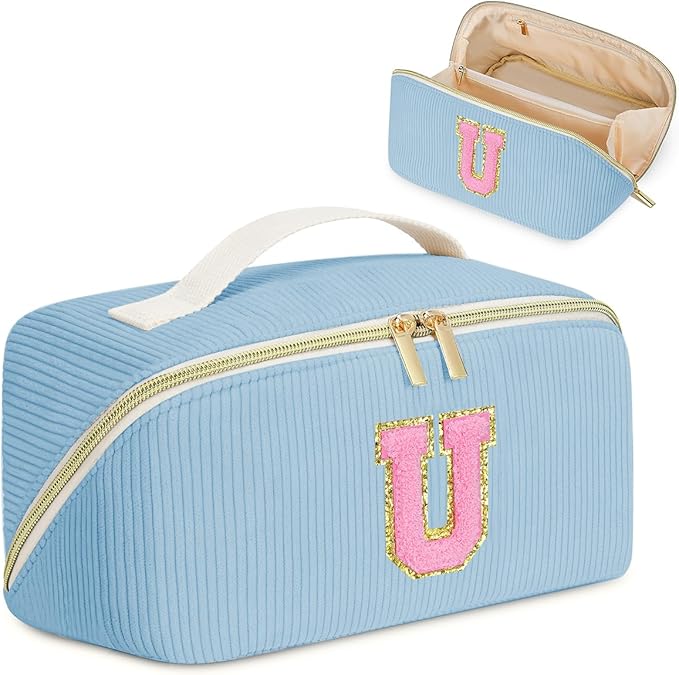 Personalized Initial Makeup Bag,Christmas Gifts for Girl,Preppy Bag Cosmetic Travel Bag Women,Travel Toiletry Organizer,Large Capacity Corduroy Stuff Bag,Cute Cosmetic Pouch Skincare Bag-U