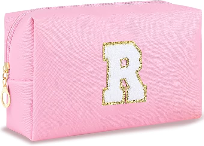 Initial Makeup Bag for Women Travel Small Cosmetic Bag Personalized Preppy Chenille Letter Waterproof Pink Makeup Pouch for Purse Monogram Toiletry Bag with Zipper PU Leather Makeup Case（R）