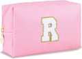 Initial Makeup Bag for Women Travel Small Cosmetic Bag Personalized Preppy Chenille Letter Waterproof Pink Makeup Pouch for Purse Monogram Toiletry Bag with Zipper PU Leather Makeup Case（R）