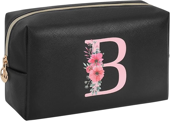 Personalized Initial Makeup Bag, Birthday Gifts for Women and Girls, Small Makeup Pouch Travel Toiletry Bag, Make Up Organizer Bag Gift Trendy Stuff for Friend Mom Teacher, Black