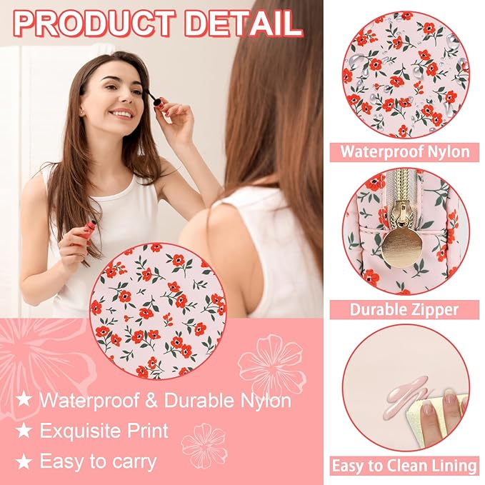 Waterproof Small Floral Makeup Bag Pouch for Purse,Nylon Flower Cosmetic Bag Preppy Travel Toiletry Storage Bag for Women Girl,Cute Makeup Organizer Bag Skincare Bag with Zipper(Small Pink-Flowers)