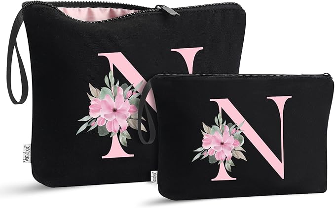 Vavabox A-Z Personalized Makeup Bag, Birthday Gifts for Women Mom, Gifts for Best Friend, Bride Bridesmaid Cosmetic bag (N, 04-Black Set)