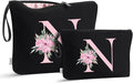 Vavabox A-Z Personalized Makeup Bag, Birthday Gifts for Women Mom, Gifts for Best Friend, Bride Bridesmaid Cosmetic bag (N, 04-Black Set)