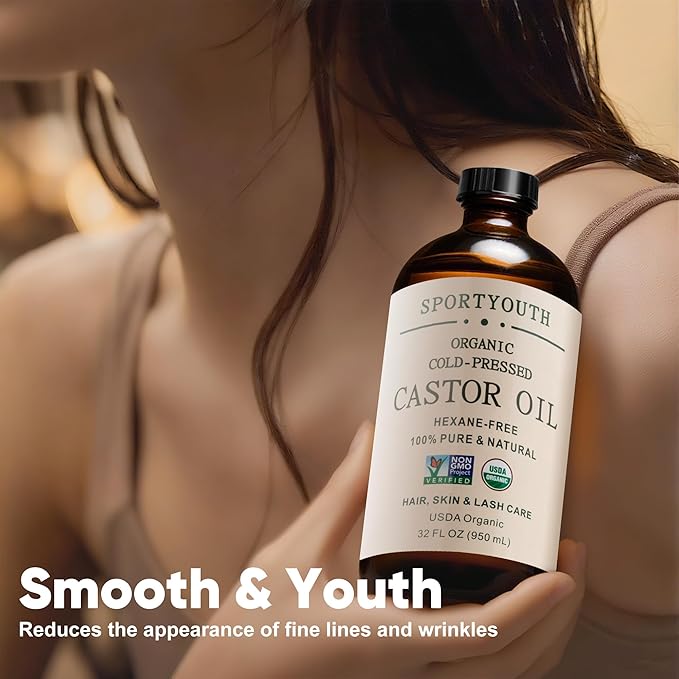 SPORTYOUTH Organic Castor Oil Cold Pressed Hexane Free 32 oz Glass Bottle USDA Certified 100% Pure Unrefined Carrier Oil for Hair Growth, Scalp, Castor Oil Pack, Eyelashes, Brows, Skin, Face, Body