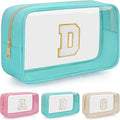 Personalized Initial Clear Makeup Bag, Travel Chenille Patch Cosmetic Bag, Preppy Toiletry Bag Monogram Cosmetic Pouch with Zipper, Ideal Gift for Teen Girls Women (Clear-Green, D)