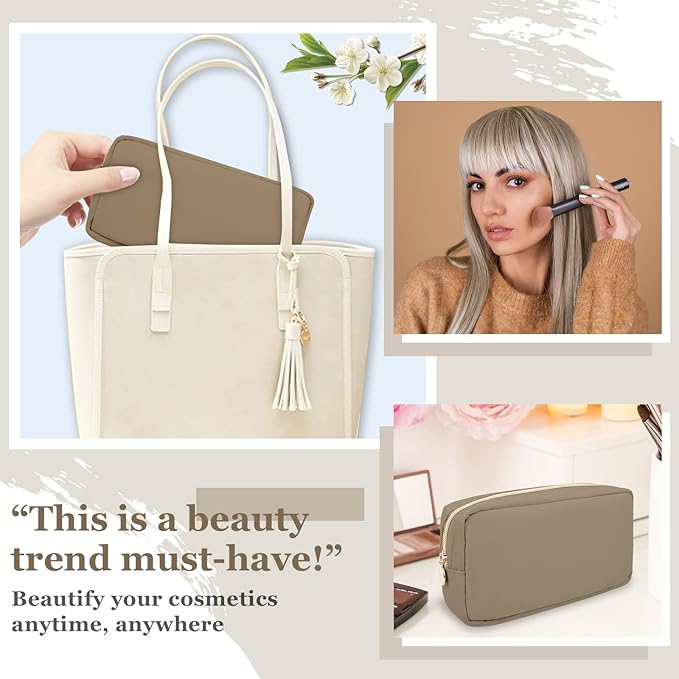 Nylon Small Makeup Bag for Purse, Preppy Cute Makeup Bag Cosmetic Zipper Pouch Purse, Waterproof Portable Travel Toiletry Bag Clutch Make Up Brush Bag Organizer Storage for Women Men Girls(Khaki)