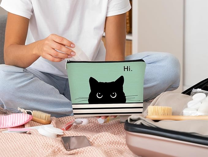 Cute Makeup Bag - Cat Gifts for Lovers, Black Kitty Cosmetic Bag, Makeup Pouch (Teal)