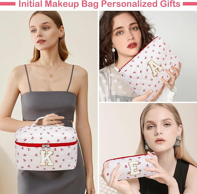 Initial Makeup Bag Set, Personalized Quilted Makeup Bag, Large Floral Cosmetic Bag for Women, Cute Cotton Custom Make up Bags, Flower Travel Toiletry Bag Teen Girl Gift Trendy Stuff Gift Red Cherry K