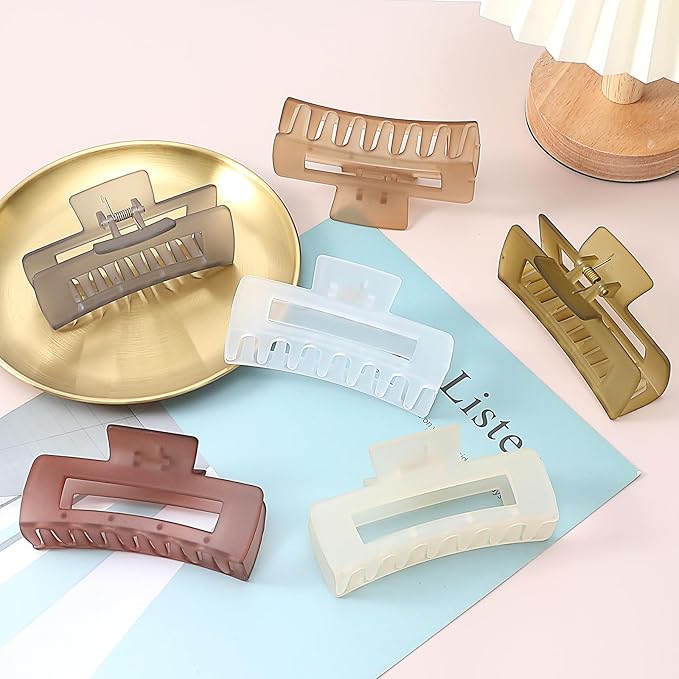 4 Inch Big Hair Claw Clips 6 Pcs Large Claw for Thick Hair Square Hair Clips for Women Rectangle Hair Clips Nonslip Acrylic Banana Jaw Clips Hair Accessories for Girls (Tea)