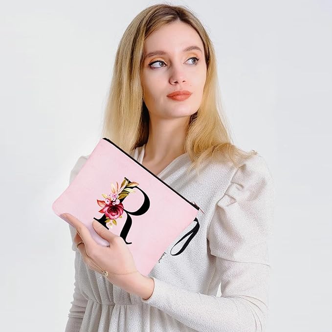 Vavabox A-Z Personalized Makeup Bag, Birthday Gifts for Women Mom, Gifts for Best Friend, Bride Bridesmaid Cosmetic bag (R, Pink)