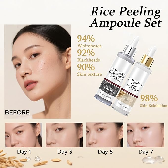 Glow Rice Ampoule Duo - 2PCS White & Black Rice Exfoliant,Rice Exfoliator for Face & Body,Gentle Peel to Remove Dead Skin & Blackheads,Rejuvenating Hydration Rice Ampoule Exfoliant for All Skin Types
