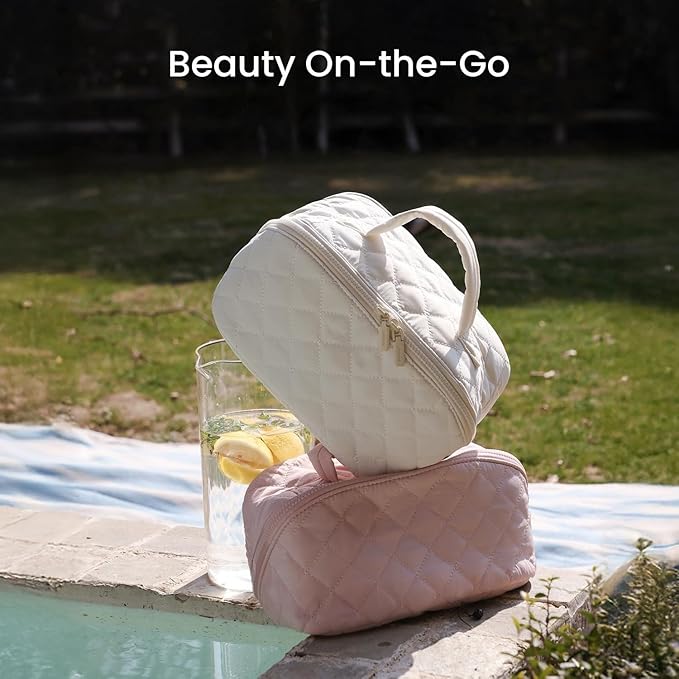 Makeup Bag for Woman, 180° Lay Flat Wide Open Makeup Bags, Large Fold out Washable Cosmetic Case, Quilted Puffy Toiletry Bags for Toiletries (Black)