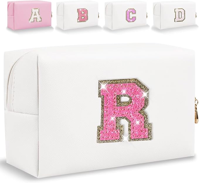Small Personalized Glitter Initial Letter Makeup Bag, Cute PU Leather Chenille Letters Cosmetic Bag Travel Makeup Pouch, Preppy Travel Organizer Zipper Pouch for Women&Girls（WhiteRosePink-R）