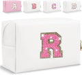 Small Personalized Glitter Initial Letter Makeup Bag, Cute PU Leather Chenille Letters Cosmetic Bag Travel Makeup Pouch, Preppy Travel Organizer Zipper Pouch for Women&Girls（WhiteRosePink-R）