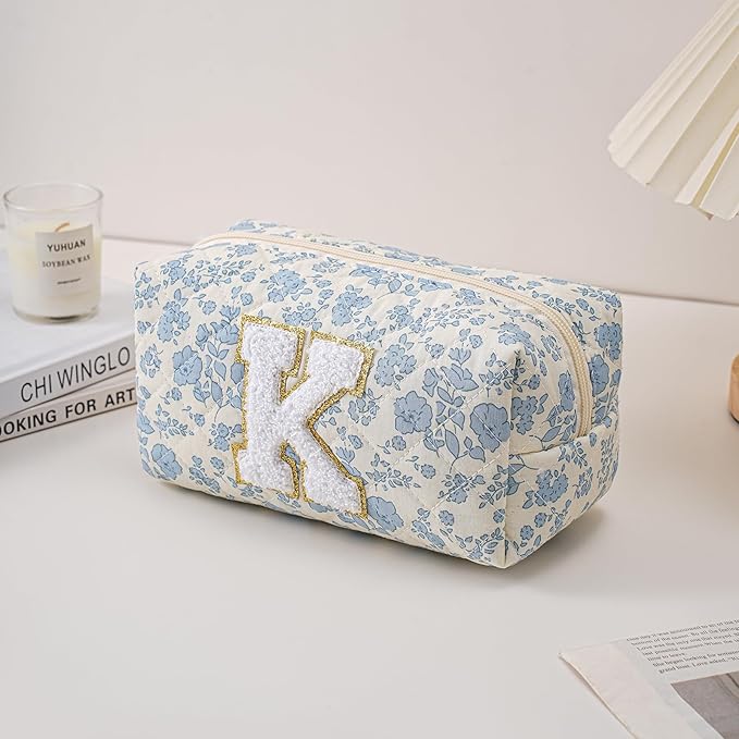 Gleyemor Personalized Initial Makeup Bag for Women, Cute Quilted Blue Floral Cotton Cosmetic Bag, Christmas Gifts for Her Mom Friend Sister Bridesmaid Teacher Women K