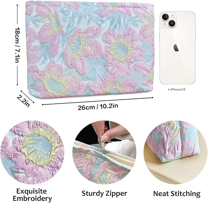 STARDW Aesthetic Floral Makeup Bag Cute Small Cosmetic Bags for Women Girls, Travel Toiletry Bag Large Capacity Zipper Makeup Pouch, Purse Organizer Pouches (Embossed Flower)