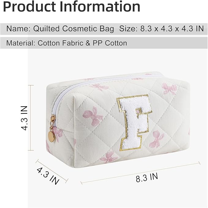 Gleyemor Personalized Initial Makeup Bag for Women, Cute Quilted Pink Floral Cotton Cosmetic Bag, Christmas Gifts for Her Mom Friend Sister Bridesmaid Teacher Women F