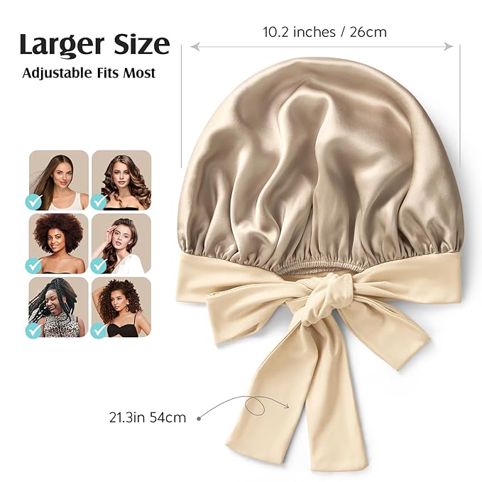 YFONG 100% 22 Momme Mulberry Silk Bonnet for Sleeping Women, Larger Double Layer Silk Hair Wrap for Curly Short Long Hair, Non-Slip Sleep Cap Turban with Elastic Tie Band for Hair Care, Champagne