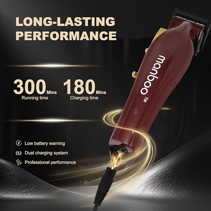 MANBOO Professional Hair Clippers for Men, Ceramic Blade Cordless Barber Set with 7800RPM Motor, Hair Cutting Kit with 14 Guide Combs for Fade (Wine Red)