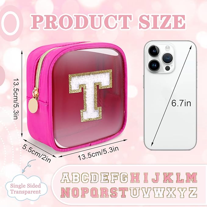 Mini Clear Personalized Initial Makeup Bag,Small Nylon Waterproof Zip Beach Cosmetic Pouch,Preppy A-Z Chenille Letter Patch Cute Coin Purse Travel Toiletry Bag Car Pack Bag for Women(Hot Pink-White T)