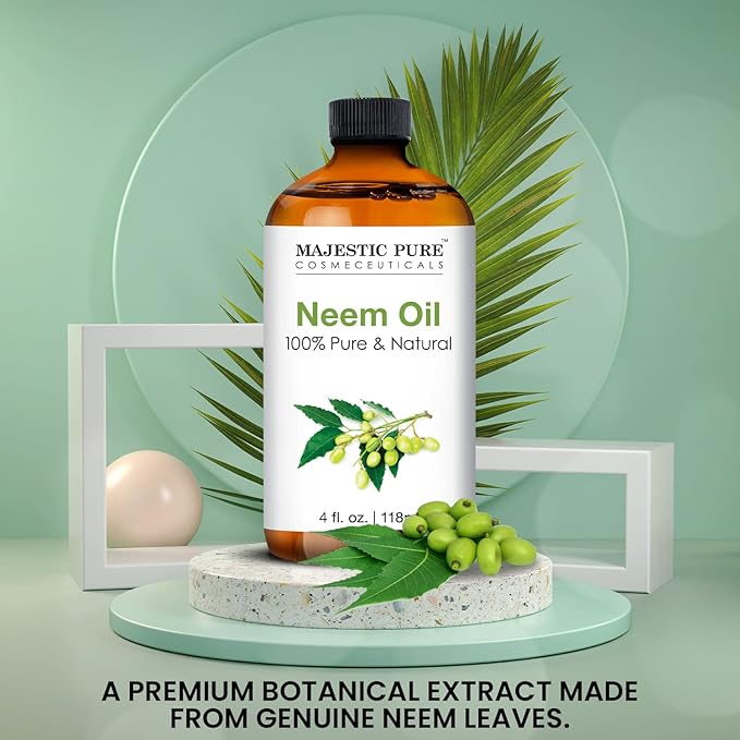 Majestic Pure Neem Oil Spray for Plants and Essential Oils Mixing, 100% Pure Cold Pressed, Safe for Dogs, Great for Skin/Hair Care, Massage Oil, Nails, Acne & Moisturizer for Dry Skin, 4 Fl Oz