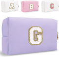 Small Personalized Letter Makeup Bag, Cute PU Leather Chenille Letters Cosmetic Bag Travel Makeup Pouch, Preppy Travel Organizer Zipper Pouch for Women&Girls（Purple-G）