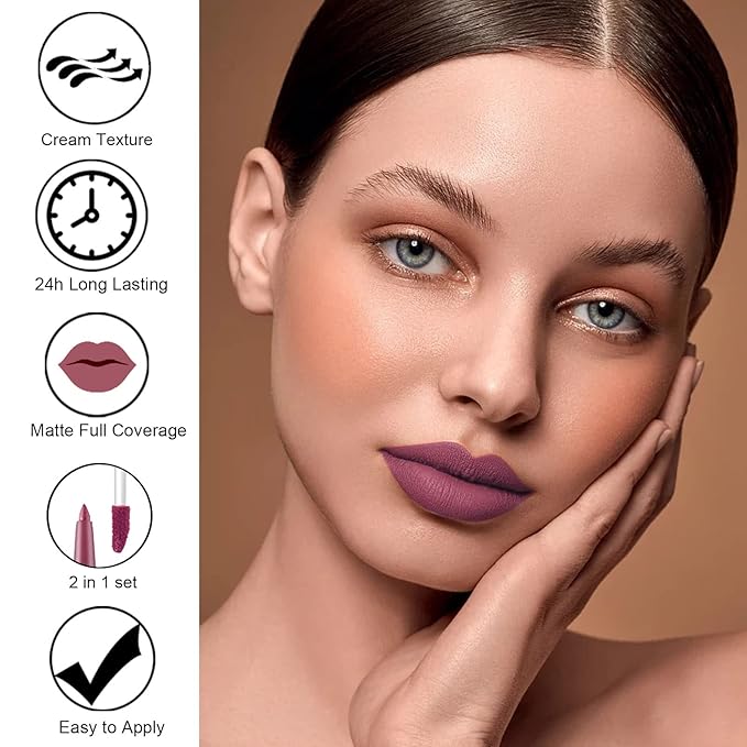 2Pcs Matte Lipstick and Lip Liner Set, Cream Nude Mauve Long Lasting Waterproof Lipliner Pencil & Plumper Lip Gloss, Retractable Lip Liner and Liquid Lipstick for Women Girls Lip Makeup (#02)
