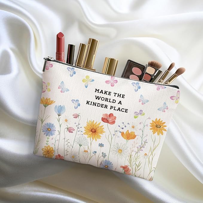 Inspirational Makeup Bag - Make The World A Kinder Place, Floral Positive Affirmations Cosmetic Bag Motivational Gifts for Women Travel Organizer Zipper Pouch Graduation Birthday Friendship Gifts