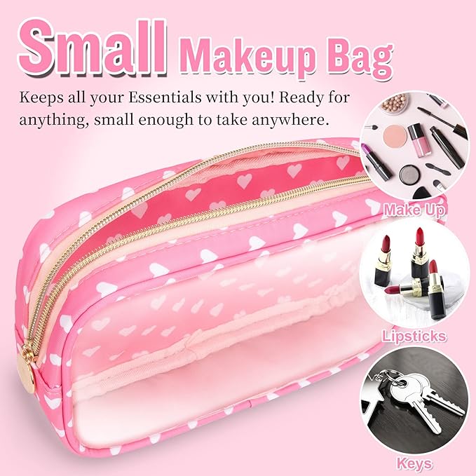 Small Clear Travel Makeup Organizer Bag for Purse, Preppy Makeup Bag Cute Cosmetic Zipper Pouch Purse, Transparent PVC & Nylon Waterproof Makeup Brush Bag Toiletry Storage for Women Girls(Pink Heart)