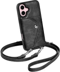 LUCKYCOIN Crossbody Wallet Phone Case for iPhone 16,100% Genuine Leather Wallet Phone Case with Expandable Flip Card Holder,Phone Purse for Women with Adjustable Removable Strap - Black