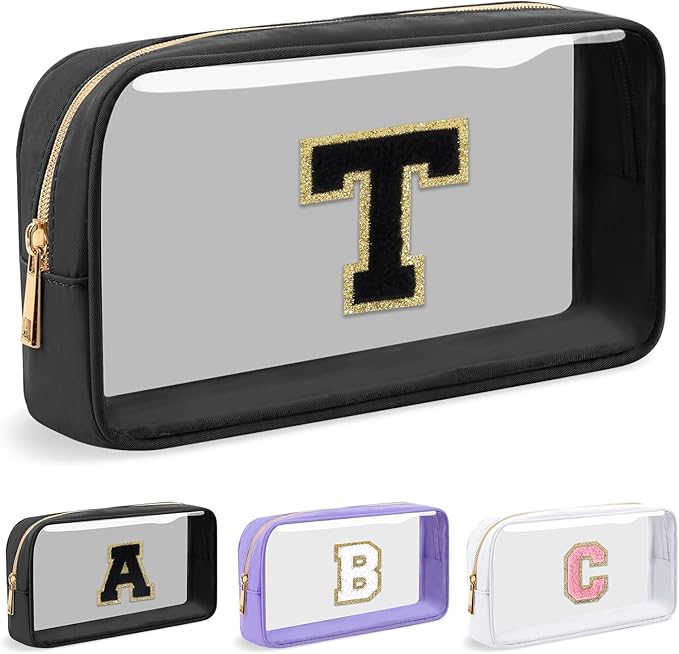 Personalized Initial Letter Clear Makeup Bag,Preppy Small Nylon&PVC Cosmetic Zipper Bag with Chenille Letter,Travel Skincare Toiletry Bag,Monogram Christmas Gift for Teen Girls Women,T