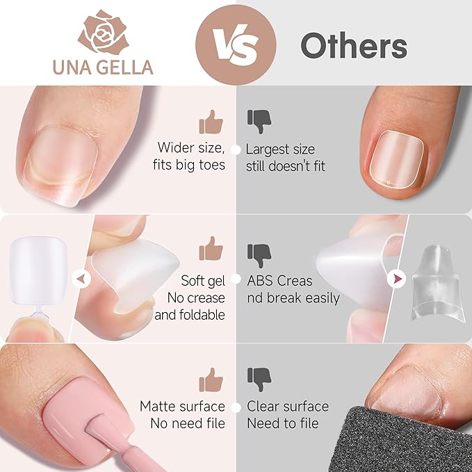 UNA GELLA Toe Nail Tips 312 Pcs Square Round Full Cover Fake Toe Nails Press On Clear 15 Sizes Pre-shape Soft Gel Toe Nail Tips Double Matte Acrylic Toenails for Nail Extensions DIY Home Nail Salon