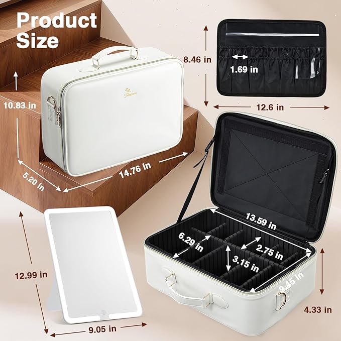 Large Makeup Bag with LED Mirror,Travel Cosmetic Train Case for Makeup Artists,Makeup Organizer Case with Divider Rechargeable Vanity Mirror with 3 Color Lights for Barber,MUA,Nail Tech, Beige